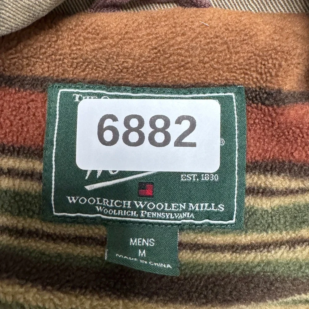 Woolrich Vest Mens M Tan Canvas Striped Fleece Lined Full Zip Rugged Workwear